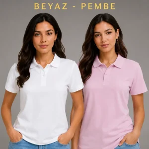 2'li Kadın Polo Yaka Pike Kumaş Düğmeli Basic Tişört Günlük Rahat Kesim - Beyaz, Pembe