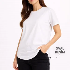 Kadın Basic T-Shirt Kısa Kol Bisiklet Yaka Oval Kesim Tişört - Beyaz
