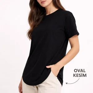 Kadın Basic T-Shirt Kısa Kol Bisiklet Yaka Oval Kesim Tişört - Siyah