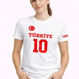 Kadın TÜRKİYE Ay Yıldız Baskılı 10 Numara Forma Tişört Taraftar T-Shirt - Beyaz