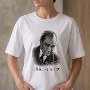 Kadın Atatürk Baskılı Tişört Kısa Kollu Bisiklet Yaka T-Shirt - Beyaz