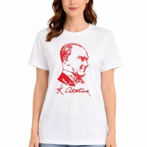 Kadın Atatürk Baskılı Tişört Kısa Kollu Bisiklet Yaka T-Shirt - Beyaz
