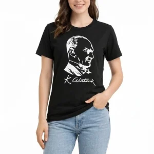 Kadın Atatürk Baskılı Tişört Kısa Kollu Bisiklet Yaka T-Shirt - Siyah
