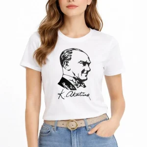 Kadın Atatürk Baskılı Tişört Kısa Kollu Bisiklet Yaka T-Shirt - Beyaz