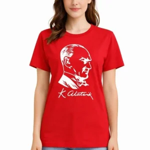 Kadın Atatürk Baskılı Tişört Kısa Kollu Bisiklet Yaka T-Shirt - Kırmızı