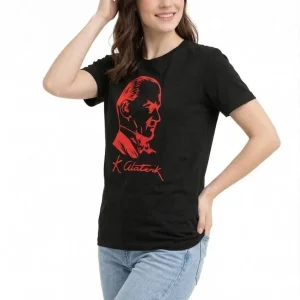 Kadın Atatürk Baskılı Tişört Kısa Kollu Bisiklet Yaka T-Shirt - Siyah