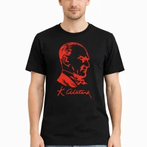 Erkek Atatürk Baskılı Tişört Kısa Kollu Bisiklet Yaka T-Shirt - Siyah