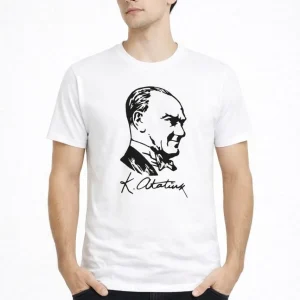 Erkek Atatürk Baskılı Tişört Kısa Kollu Bisiklet Yaka T-Shirt - Beyaz