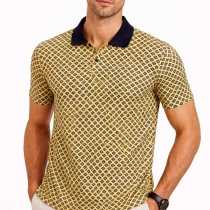 Erkek Pike Kumaş Polo Yaka Desenli Tişört Kısa Kol Yazlık T-Shirt - Sarı
