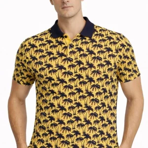 Erkek Pike Kumaş Polo Yaka Palmiye Desenli Tişört Kısa Kol Yazlık T-Shirt - Sarı