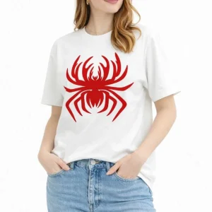 Kadın Örümcek Baskılı Tişört Kısa Kollu Bisiklet Yaka T-Shirt - Beyaz
