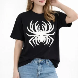 Kadın Örümcek Baskılı Tişört Kısa Kollu Bisiklet Yaka T-Shirt - Siyah