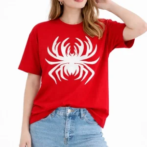 Kadın Örümcek Baskılı Tişört Kısa Kollu Bisiklet Yaka T-Shirt - Kırmızı