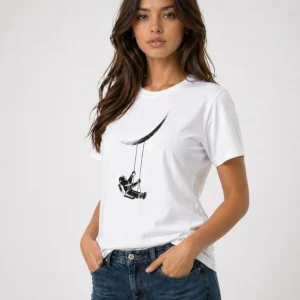 Kadın Astronot Ay Temalı Tişört Kısa Kol Yazlık Bisiklet Yaka T-Shirt - Beyaz