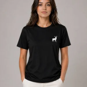Kadın Minimal Geyik Logolu Tişört Bisiklet Yaka Kısa kol Yazlık T-Shirt - Siyah