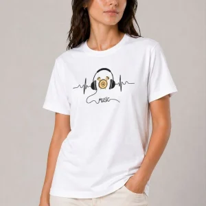 Kadın Müzik Temalı Baskılı Tişört Bisiklet Yaka Kısa Kol T-Shirt - Beyaz