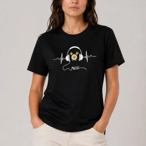 Kadın Müzik Temalı Baskılı Tişört Bisiklet Yaka Kısa Kol T-Shirt - Siyah