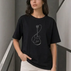 Kadın Minimal Gitar Baskılı Tişört T-Shirt Yazlık Kısa Kol Bisiklet Yaka T-Shirt - Siyah