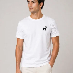 Erkek Minimal Geyik Logolu Tişört Bisiklet Yaka Kısa kol Yazlık T-Shirt - Beyaz