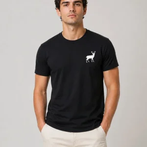 Erkek Minimal Geyik Logolu Tişört Bisiklet Yaka Kısa kol Yazlık T-Shirt - Siyah