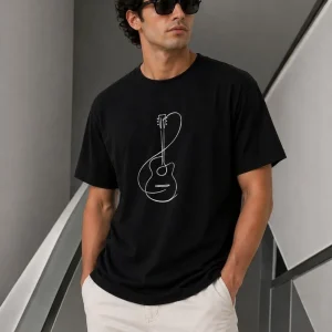 Erkek Minimal Gitar Baskılı Tişört T-Shirt Yazlık Kısa Kol Bisiklet Yaka T-Shirt - Siyah