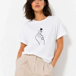 Kadın Kore Parmak Kalp Aşk Temalı Minimal Baskılı Tişört Yazlık Kısa Kol T-Shirt  - Beyaz