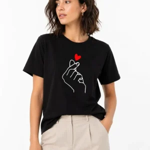 Kadın Kore Parmak Kalp Aşk Temalı Minimal Baskılı Tişört Yazlık Kısa Kol T-Shirt - Siyah