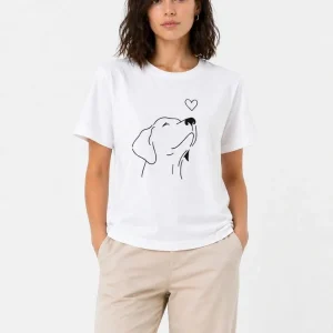 Kadın Köpek Figürlü Minimal Baskılı Tişört Kısa Kol Yazlık T-Shirt - Beyaz