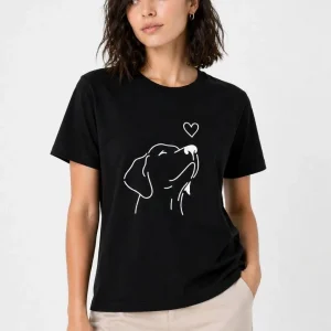 Kadın Köpek Figürlü Minimal Baskılı Tişört Kısa Kol Yazlık T-Shirt - Siyah