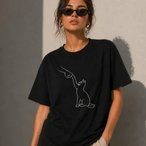 Kadın Minimal Kedi Çizim Baskılı Tişört Kısa Kol Yazlık T-Shirt - Siyah