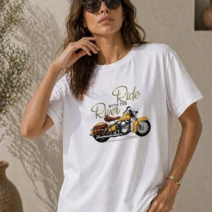 Kadın Motosiklet Baskılı Tişört Bisiklet Yaka Kısa Kol Yazlık T-Shirt - Beyaz