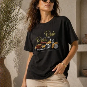 Kadın Motosiklet Baskılı Tişört Bisiklet Yaka Kısa Kol Yazlık T-Shirt - Siyah