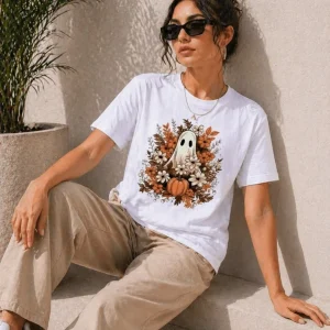 Kadın Balkabağı Hayalet Baskılı Tişört Kısa Kol Yazlık T-Shirt - Beyaz