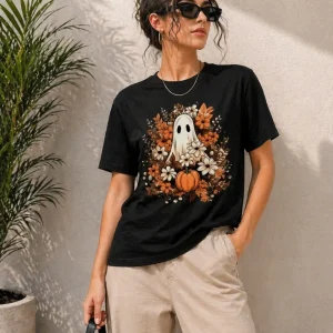 Kadın Balkabağı Hayalet Baskılı Tişört Kısa Kol Yazlık T-Shirt - Siyah
