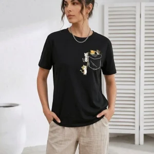Kadın Sevimli Kedi Cep Baskılı Tişört Kısa Kol Yazlık T-Shirt - Siyah