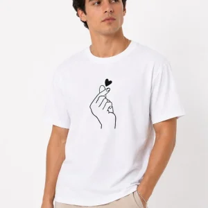 Erkek Kore Parmak Kalp Aşk Temalı Minimal Baskılı Tişört Yazlık Kısa Kol T-Shirt - Beyaz