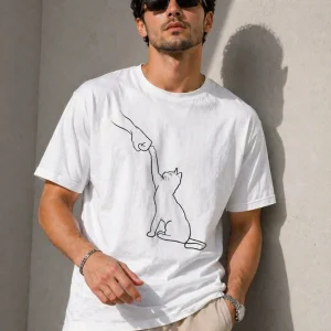 Erkek Minimal Kedi Çizim Baskılı Tişört Kısa Kol Yazlık T-Shirt - Beyaz