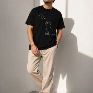 Erkek Minimal Kedi Çizim Baskılı Tişört Kısa Kol Yazlık T-Shirt - Siyah