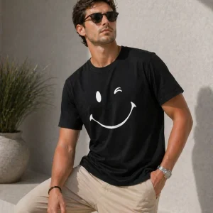 Erkek Minimal Gülümseyen Yüz Baskılı Tişört Kısa Kol Yazlık T-Shirt - Siyah