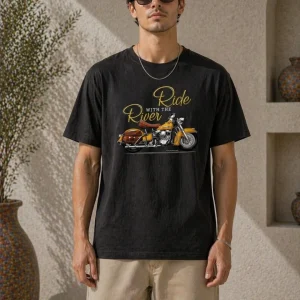 Erkek Motosiklet Baskılı Tişört Bisiklet Yaka Kısa Kol Yazlık T-Shirt - Siyah