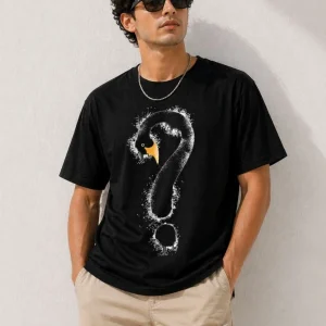 Erkek Kuğu Figürlü Soru İşareti Baskılı Tişört Kısa Kol T-Shirt - Siyah