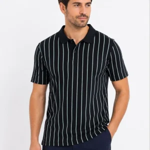 Erkek Pike Kumaş Çizgili Polo Yaka Tişört Kısa Kol Yazlık T-Shirt - Siyah