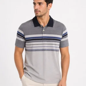 Erkek Flamlı Penye Çizgili Polo Yaka Tişört Kısa Kol Yazlık T-Shirt - Gri