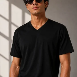 Erkek V Yaka Basic Tişört Kısa Kol Yazlık Regular Fit T-Shirt - Siyah