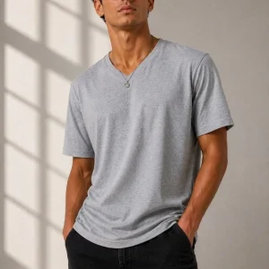 Erkek V Yaka Basic Tişört Kısa Kol Yazlık Regular Fit T-Shirt - Gri