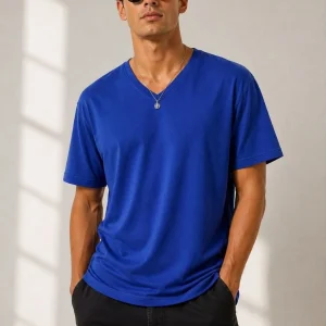 Erkek V Yaka Basic Tişört Kısa Kol Yazlık Regular Fit T-Shirt - Saks Mavisi