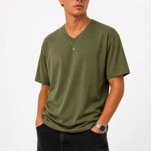 Erkek V Yaka Basic Tişört Kısa Kol Yazlık Regular Fit T-Shirt - Haki