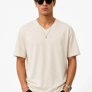 Erkek V Yaka Basic Tişört Kısa Kol Yazlık Regular Fit T-Shirt - Bej