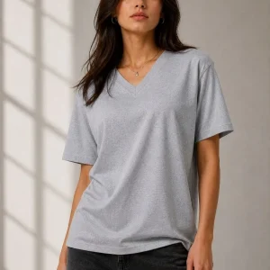 Kadın V Yaka Basic Tişört Kısa Kol Yazlık Regular Fit T-Shirt - Gri