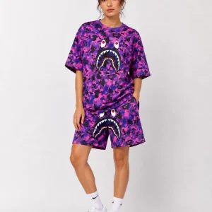 Kadın Oversize Kalıp Pubg Bape X Shark Nakışlı Cepli Şort Takım - Mor